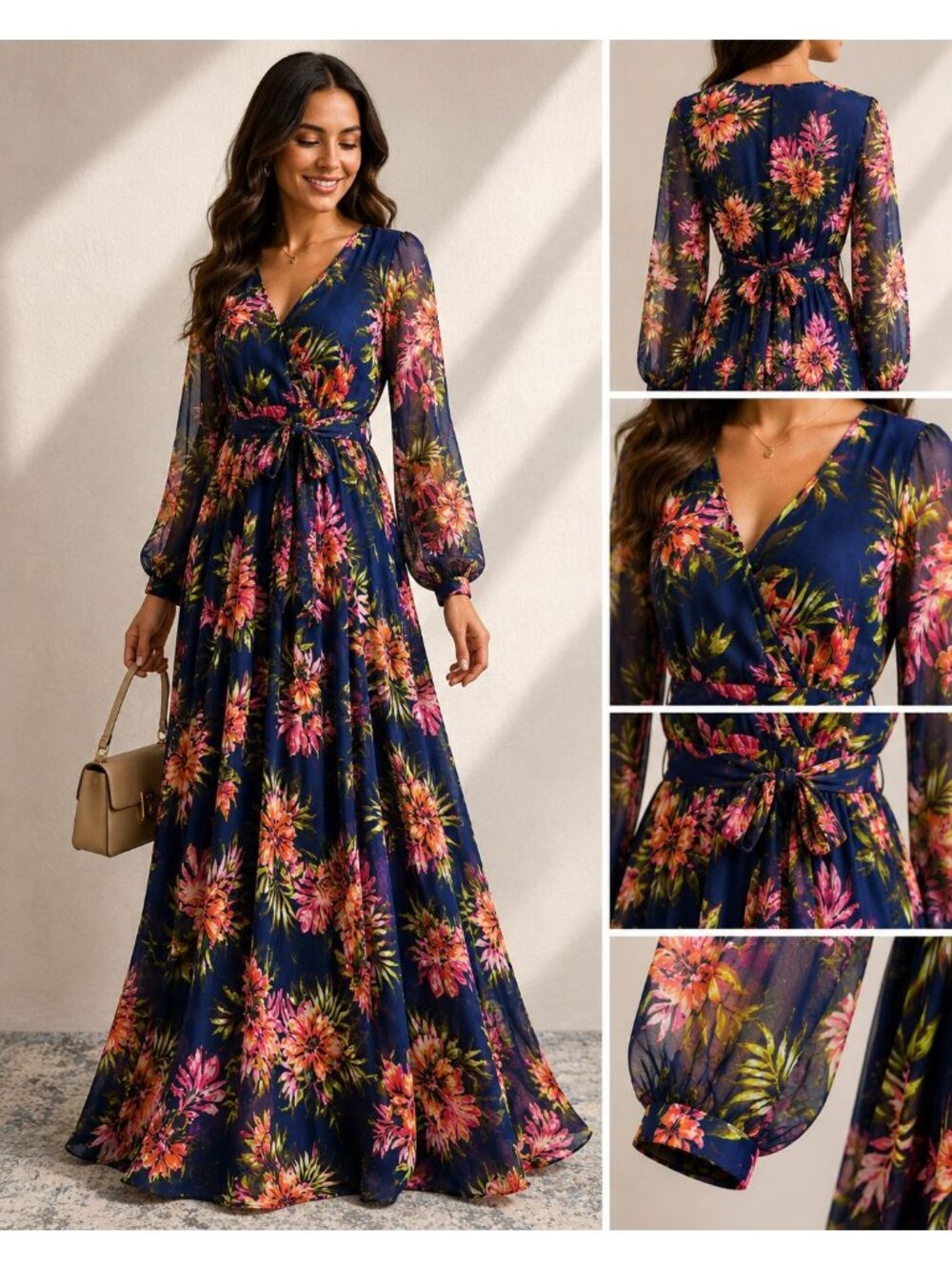 Renn Womens XL Tropical Floral Maxi Dress Blue Long Sleeve Belted NWT